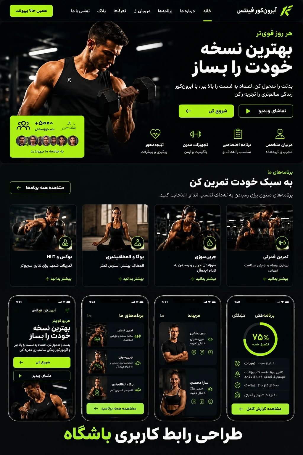 نمونه سایت اختصاصی باشگاه بدنسازی و فیتنس در دسکتاپ و موبایل